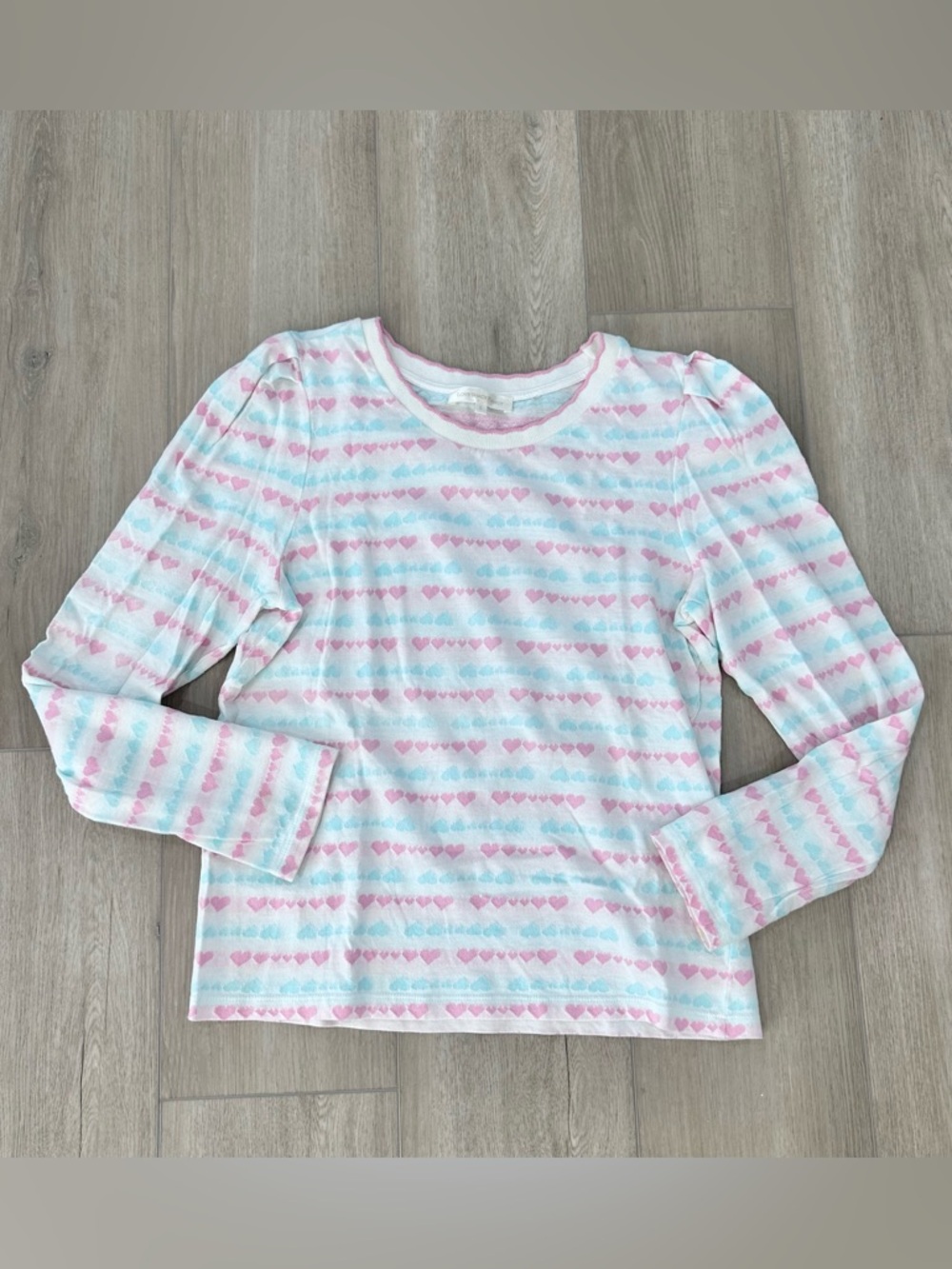 LOVESHACKFANCY puff sleeve heart long sleeve top large pink blue